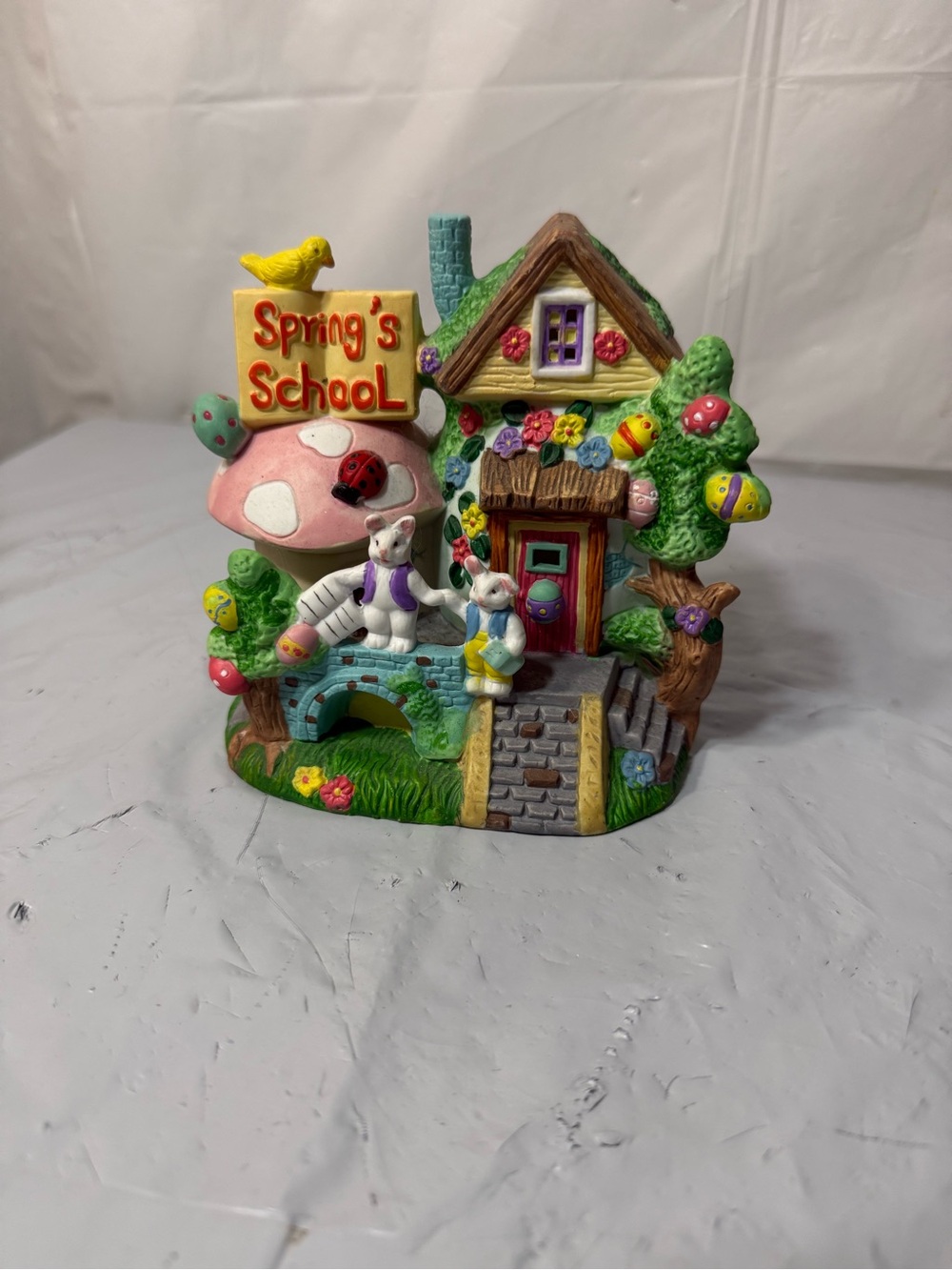 Rare Cottontale Cottages Bunny spring School Village House Hand Paint Porcelain